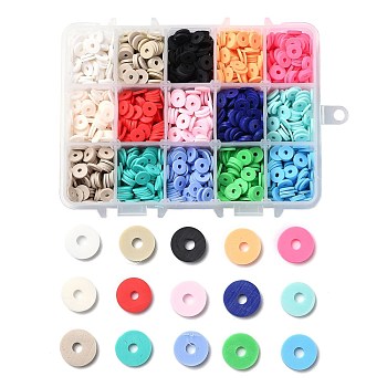 150G 15 Colors Handmade Polymer Clay Beads, Heishi Beads, for DIY Jewelry Crafts Supplies, Disc/Flat Round, Mixed Color, 8x1mm, Hole: 2mm, 10g/color