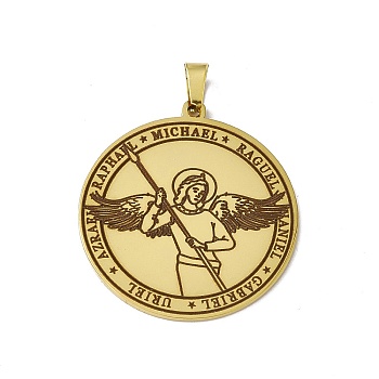 304 Stainless Steel Pendants, Flat Round with Angel Charm, Golden, 38x35x1.5mm, Hole: 7.5x4mm