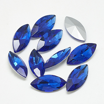 Pointed Back Glass Rhinestone Cabochons, Back Plated, Faceted, Horse Eye, Sapphire, 12x6x3.5mm