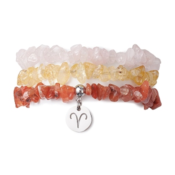 3Pcs 3 Styles Natural Rose Quartz & Citrine & Red Agate Chips Stretch Bracelets Sets, Stackbale Bracelets with 304 Stainless Steel Charms, Aries, Inner Diameter: 2-1/8 inch(5.5cm), 1Pc/style