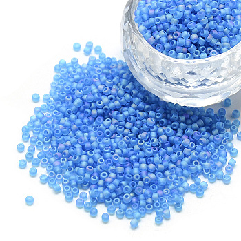 8/0 Grade A Round Glass Seed Beads, Transparent Frosted Style, AB Color Plated, Dodger Blue, 3x2mm, Hole: 1mm, about 10000pcs/pound