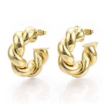 Brass Twist Round Stud Earrings, Half Hoop Earrings for Women, Real 18K Gold Plated, 34x35x11mm, Pin: 0.8mm
