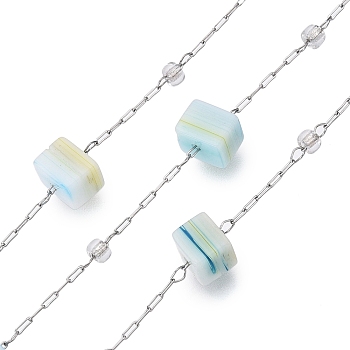 Handmade Cube Lampwork & Seed Bead Chains, for Necklaces Bracelets Making, with 304 Stainless Steel Chains, Soldered, with Spool, Stainless Steel Color, 5~5.5x5~6x5~6mm, Seed Bead: 3mm in diameter, links: 2x1.5x0.2mm & 2.5x1x0.2mm, interval: 33mm, about 32.81 Feet(10m)/Roll