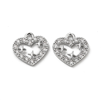 Brass Micro Pave Clear Cubic Zirconia Charms, Heart with Star, Real Platinum Plated, 11.5x11.5x2mm, Hole: 1.2mm