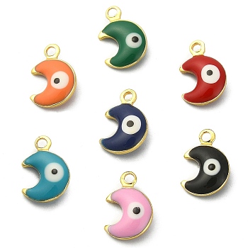 50Pcs Brass Enamel Pendants, Real 18K Gold Plated, Moon with Evil Eye, Mixed Color, 10.5x7x3mm, Hole: 1.4mm