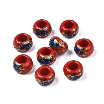 Flower Printed Opaque Acrylic Rondelle Beads, Large Hole Beads, FireBrick, 15x9mm, Hole: 7mm