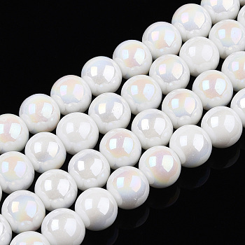 Electroplate Opaque Glass Beads Strands, AB Color Plated, Round, White, 8~8.5mm, Hole: 1.5mm, about 51~53pcs/strand, 14.96 inch~15.55 inch(38~39.7cm)