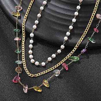 304 Stainless Steel & Colorful Natural Stone Chip & Imitation Pearl 3 Layer Necklaces for Women, Real 18K Gold Plated, 15.59 inch(39.6cm)