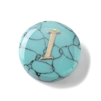 Synthetic Turquoise Beads, with Golden Tone Brass Slices, Flat Round with Letter, Letter I, 15x5.5mm, Hole: 1.4mm