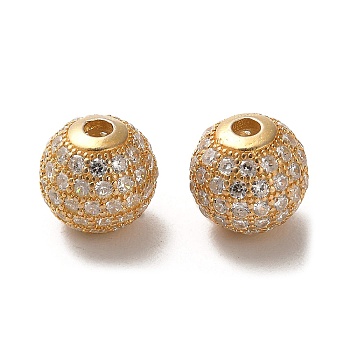925 Sterling Silver Micro Pave Cubic Zirconia Beads, Round, Real 18K Gold Plated, Clear, 10x9mm, Hole: 2.2mm