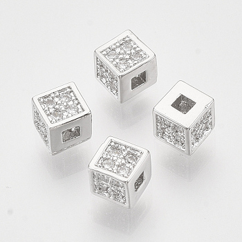 Brass Micro Pave Cubic Zirconia Beads, Nickel Free, Cube, Clear, Real Platinum Plated, 4x4x4mm, Hole: 1.4mm