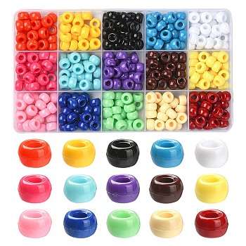375Pcs 15 Colors Opaque Plastic Beads, Barrel, Mixed Color, 9x6mm, Hole: 3.8mm, about 25pcs/color