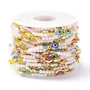 Evil Eye Glass & Brass & ABS Imitation Pearl Handmade Beaded Chains(CHC-D029-37G-01)-3