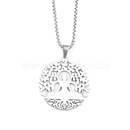 201 Stainless Steel Pendant Necklaces for Man, Tree with Flat Round with Tree of Life, Stainless Steel Color, 23.50 inch(59.7cm), Tree: 37x34x1.3mm(NJEW-Q336-04D-P)