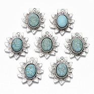 Tibetan Style Alloy Pendants, with Synthetic Turquoise, Cadmium Free & Lead Free, Flower, Antique Silver, 34x28.5x6mm, Hole: 1.6mm(PALLOY-R113-006-RS)