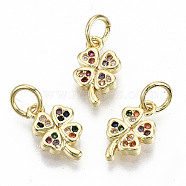 Brass Micro Pave Colorful Cubic Zirconia Charms, with Jump Rings, Nickel Free, Clover, Real 16K Gold Plated, 10.5x6.5x1.5mm, Jump Ring: 5x0.8mm, 3.4mm inner diameter(ZIRC-S067-161-NF)