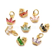 Brass Cubic Zirconia Charms, Real 18K Gold Plated, Cadmium Free & Lead Free, Crown, Mixed Color, 8x8x2.5mm, Hole: 3.8mm(KK-A156-02G-RS)