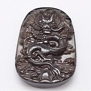 Natural Ice Crystal Obsidian Carven Pendants, Chinese Dragon, Black, 53~57x37.5~40x11~12.5mm, Hole: 1mm(G-A169-003)
