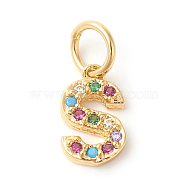 Brass Micro Pave Colorful Cubic Zirconia Charms, Golden, Letter.S, 9x5.5x2mm, Hole: 3mm(ZIRC-F092-01-S)