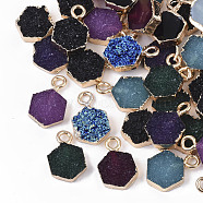 Druzy Resin Pendants, with Edge Light Gold Plated Iron Loops, Hexagon, Mixed Style, Hexagon, Mixed Color, 14~15x9x3.5mm, Hole: 1.8mm(X-RESI-S383-002)