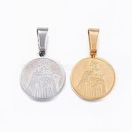 304 Stainless Steel Pendants, Flat Round with Virgin Mary, Mixed Color, 17x15x1mm, Hole: 8x4mm(STAS-H355-17)