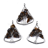 Natural Tiger Eye Big Pendants, Wire Wrapped Pendants, with Brass Wires, Triangle & Tree, Platinum, 40x30.5x5~10mm, Hole: 4.5mm(G-T133-P03A)