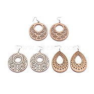 Laser Cut Wood Dangle Earrings, with Stainless Steel Findings and Brass Earring Hooks, Mixed Shapes, Wheat, 84~86mm, Pendant: 64~67.5x2.5~3mm(X-EJEW-JE02992-M)