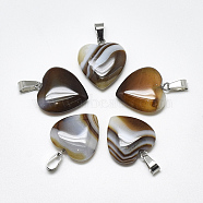 Natural Banded Agate/Striped Agate Pendants, Dyed, with Stainless Steel Snap On Bails, Heart, Stainless Steel Color, Coffee, 22~24x20~21x5~7mm, Hole: 3~4x7~8.5mm(G-T122-24I)