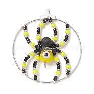 Brass Pendants, with Glass Seed & Evil Eye Lampwork & Natural Lava Rock Beads, Ring with Spider Charms, Yellow, 44~48x40~43x8mm, Hole: 1mm and 2mm(PALLOY-TA00032-04)