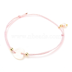 Adjustable Polyester Braided Cord Bracelet, Link Bracelet, with Round Natural Pearl Beads, Brass Beads and Shell Links, Heart, Pearl Pink, Inner Diameter: 2-1/8~3 inch(5.4~7.5cm)(BJEW-JB05541-02)