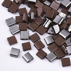 2-Hole Glass Seed Beads, Half Gunmetal Plated Colours, Square, Coconut Brown, 5x4.5~5.5x2~2.5mm, Hole: 0.5~0.8mm, about 118pcs/10g(X-SEED-S031-L-046-H)
