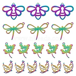 16Pcs 4 Style Ion Plating(IP) 201 Stainless Steel Pendants, Laser Cut, Dragonfly & Butterfly & Bees, Rainbow Color, 15~24x11.5~24.5x1mm, Hole: 1.2~1.4mm, 4pcs/style(STAS-LS0001-74MC)