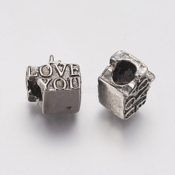 Ion Plating(IP) 304 Stainless Steel European Beads, Large Hole Beads, The Word LOVE YOU, Antique Silver, 11x12x9mm, Hole: 5mm(STAS-J022-111AS)