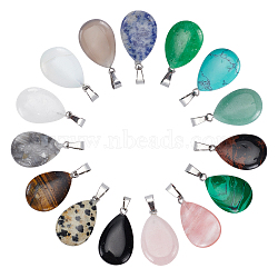 30Pcs 15 Colors Gemstone Pendants, with Platinum Tone Brass Findings, Teardrop, 25~29x16~17x5~6mm, Hole: 2x7mm(G-SC0001-41)
