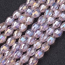 Electroplate Glass Beads Strands, AB Color Plated, Faceted Oval, Pink, 6x4mm, Hole: 1mm, about 67~68pcs/strand(GC885Y-6)