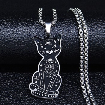 304 Stainless Steel Pendant Necklaces, Cat, Black, 19.53 inch(49.6cm)