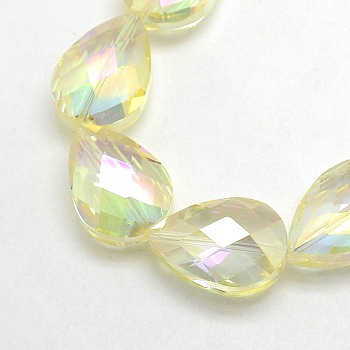 Electroplate Crystal Glass Teardrop Beads Strands, Faceted, Rainbow Color Plated, Champagne Yellow, 24x17x11mm, Hole: 1mm, about 30pcs/strand, 28.3 inch