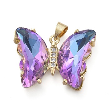 Brass Micro Pave Clear Cubic Zirconia Pendants, with Glass, Butterfly, Golden, Medium Purple, 20x26.5x5mm