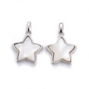 Natural White Shell Mother of Pearl Shell Pendants, with Brass Findings, Star, Platinum, 17.5x15.5x5mm, Hole: 2x4mm