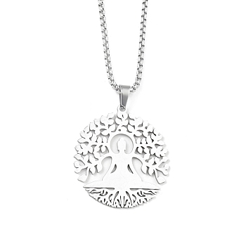 201 Stainless Steel Pendant Necklaces for Man, Tree with Flat Round with Tree of Life, Stainless Steel Color, 23.50 inch(59.7cm), Tree: 37x34x1.3mm