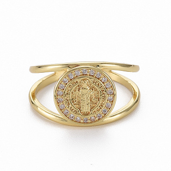Brass Micro Pave Clear Cubic Zirconia Cuff Rings, Open Rings, Nickel Free, Flat Round with Jesus, Real 16K Gold Plated, US Size 8(18.1mm)