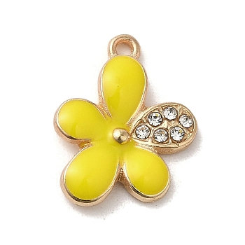 Flower Alloy Enamel Pendants, with Rhinestone, Light Gold, Yellow, 17.5x13x2.5mm, Hole: 1.4mm