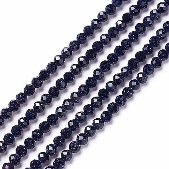 Synthetic Blue Goldstone Beads Strands, Faceted, Round, 3mm, Hole: 0.5mm, about 130~132pcs/strand, 15.16~15.59 inch(38.5~39.6cm)