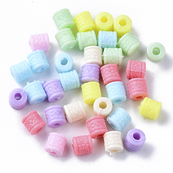 Opaque Polystyrene(PS) Plastic Beads, Column with Flower, Mixed Color, 8x7.5mm, Hole: 3mm, about 1500pcs/500g