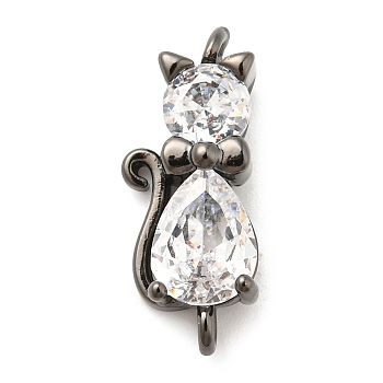 Brass Micro Pave Cubic Zirconia Kitten Links connectors, Cat, Clear, Gunmetal, 18x8x5mm, Hole: 1.2mm