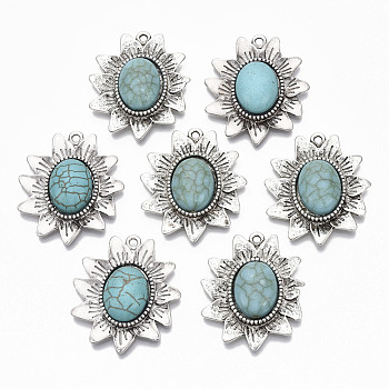 Tibetan Style Alloy Pendants, with Synthetic Turquoise, Cadmium Free & Lead Free, Flower, Antique Silver, 34x28.5x6mm, Hole: 1.6mm