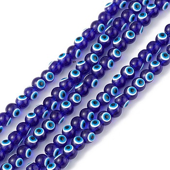 Baking Painted Glass Beads, Round with Evil Eye, Dark Blue, 6x5mm, Hole: 1.2mm, about 63~68pcs/strand, 13.70~15.04(34.8~38.2cm)