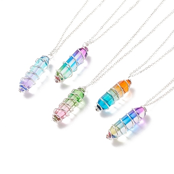 Glass Bullet Pendant Necklace, Silver Plated Brass Wire Wrap Jewelry for Women, Mixed Color, 18.43~18.82 inch(46.8~47.8cm)