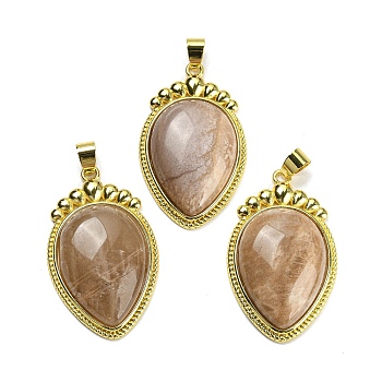 Natural Sunstone Pendants, Carrot Charms with Rack Plating Golden Tone Brass Findings, Lead Free & Cadmium Free, 36.5x22.5x7~7.5mm, Hole: 4x6.5mm