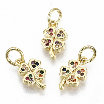 Brass Micro Pave Colorful Cubic Zirconia Charms, with Jump Rings, Nickel Free, Clover, Real 16K Gold Plated, 10.5x6.5x1.5mm, Jump Ring: 5x0.8mm, 3.4mm inner diameter